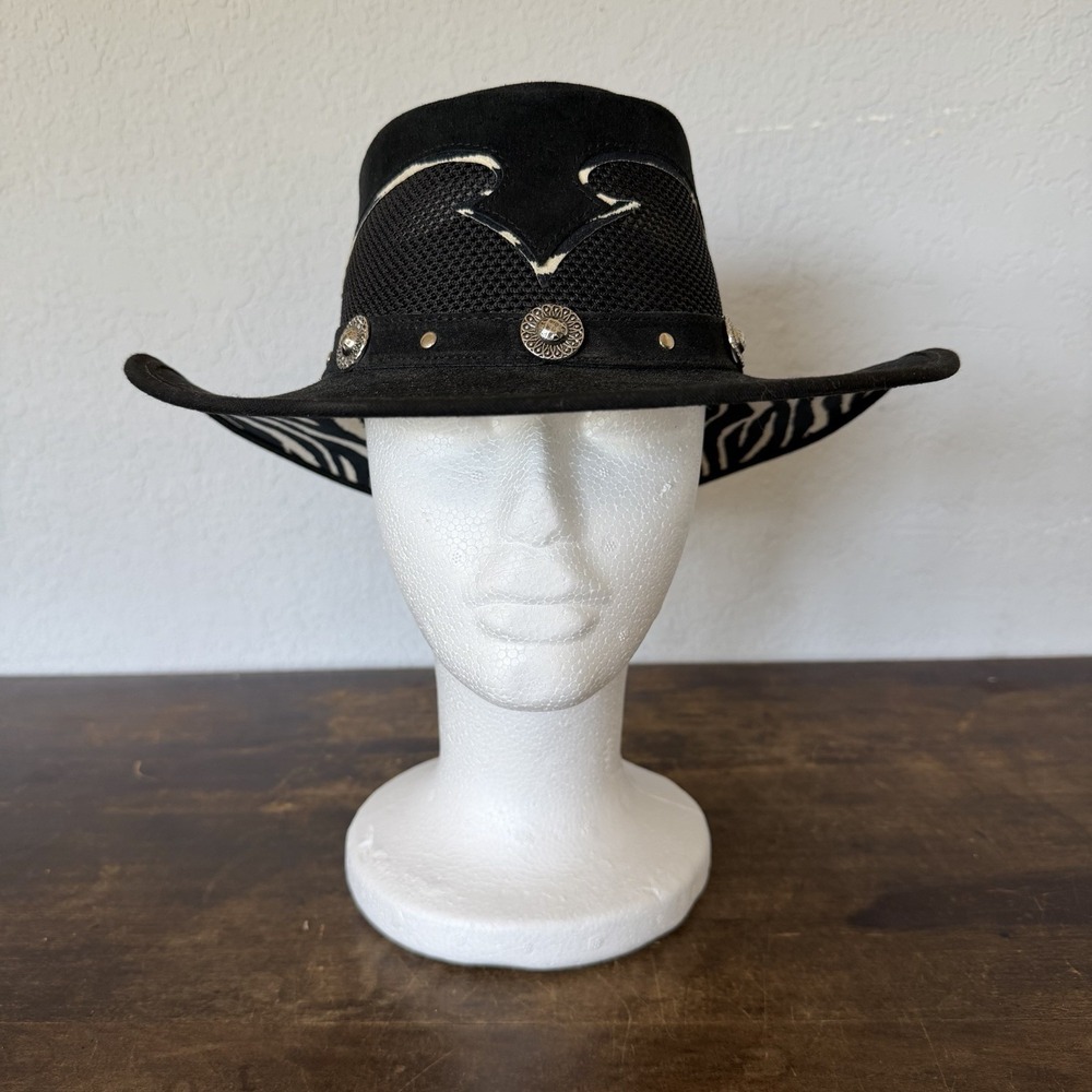 American Hat Makers Zebra Print Suede Leather Mesh Outback Cowboy Hat Sz S 55cm